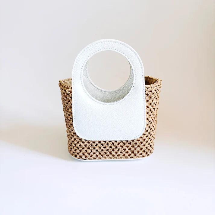 White Raffia Circle Mini Tote