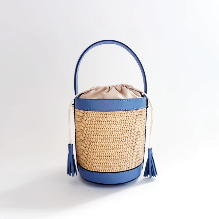 Denim Blue Raffia Bucket Bag