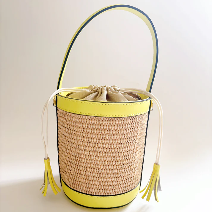 Citrine Yellow Raffia Bucket Bag