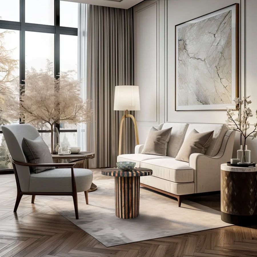 Striped Coffee Table – Walnut Wood & Black Resin – Handmade Moroccan Accent